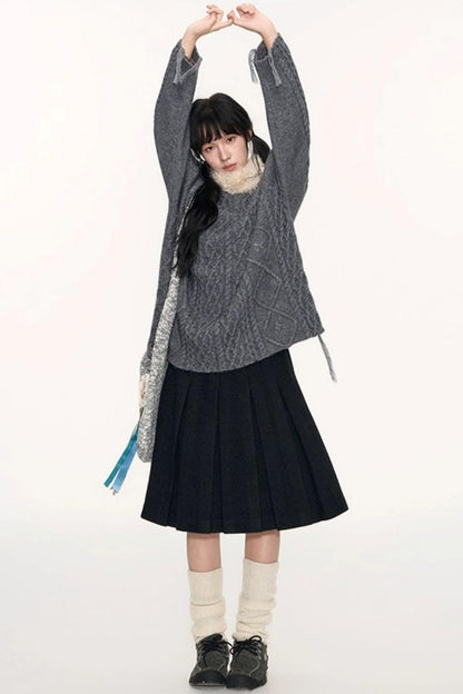 Crew Neck Crochet Cable Knit Sweater