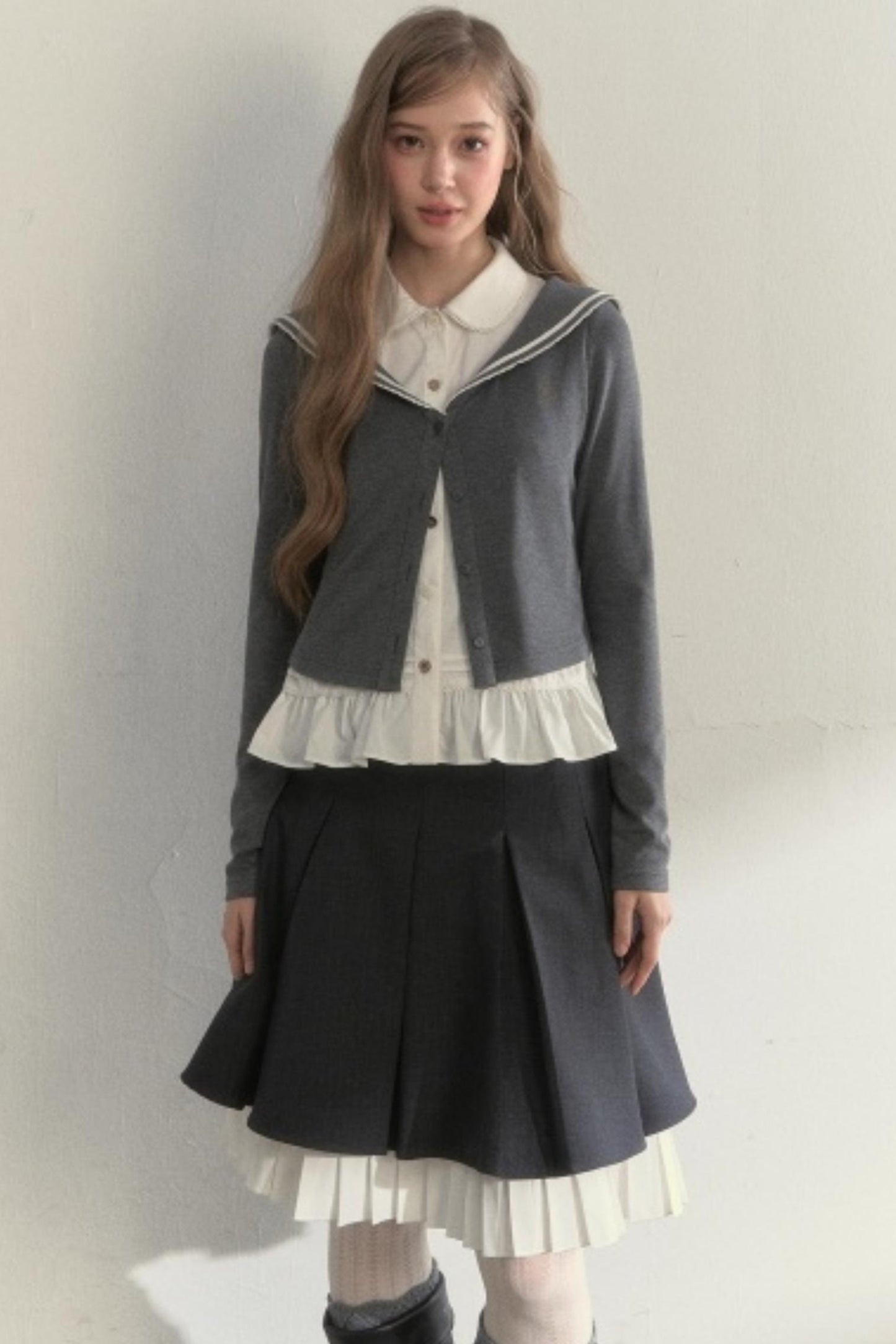 College Navy Collar Top & Skirt Set-Up