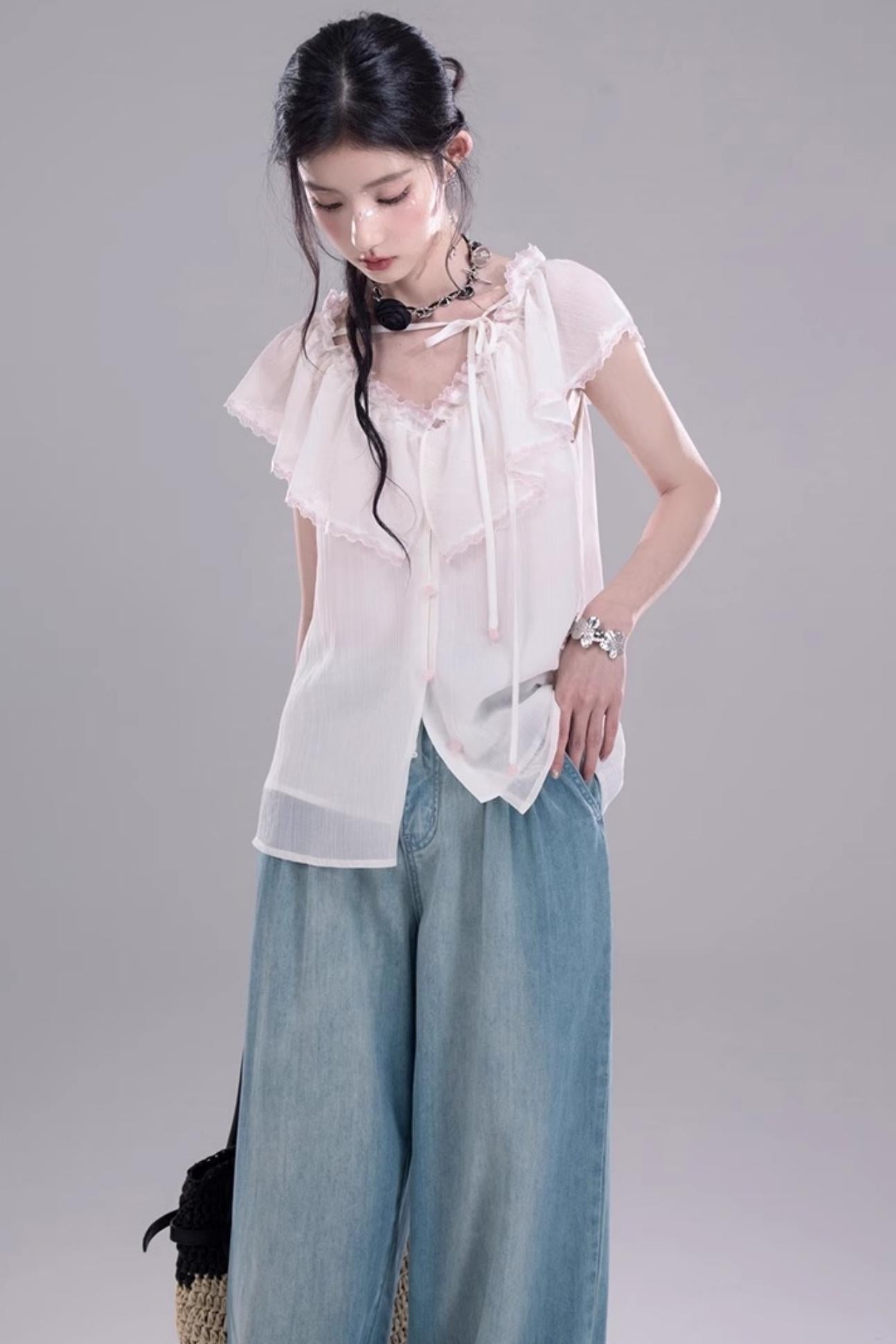 Sea Lace V-Neck Chiffon Top