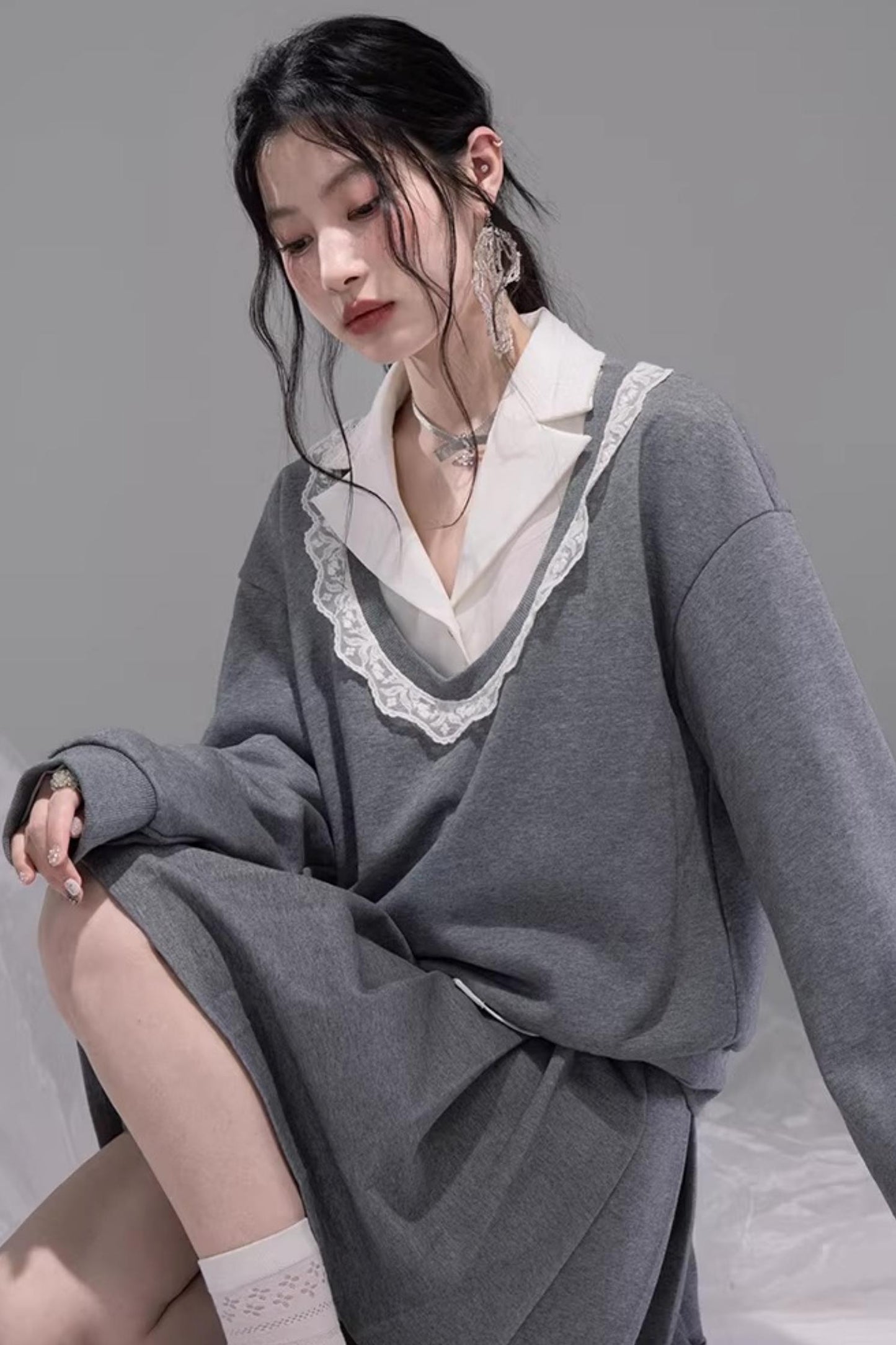 Chenwu Gray Pleated Three-Piece Set