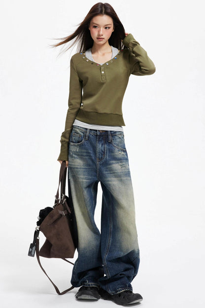 American Distressed Denim Wide-leg Pants