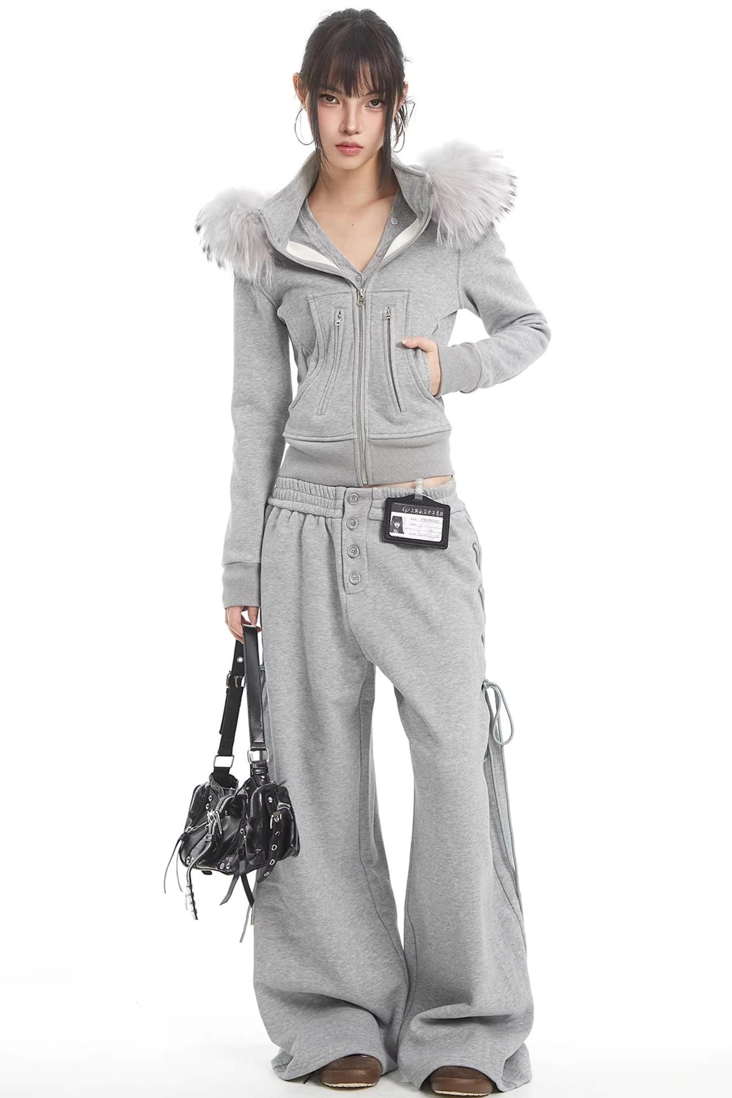 Korean Fur Collar Hooded Jacket Set-Up