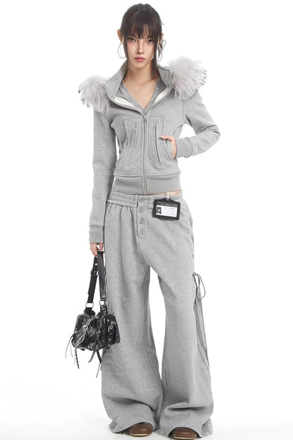 Korean Fur Collar Hooded Jacket Set-Up