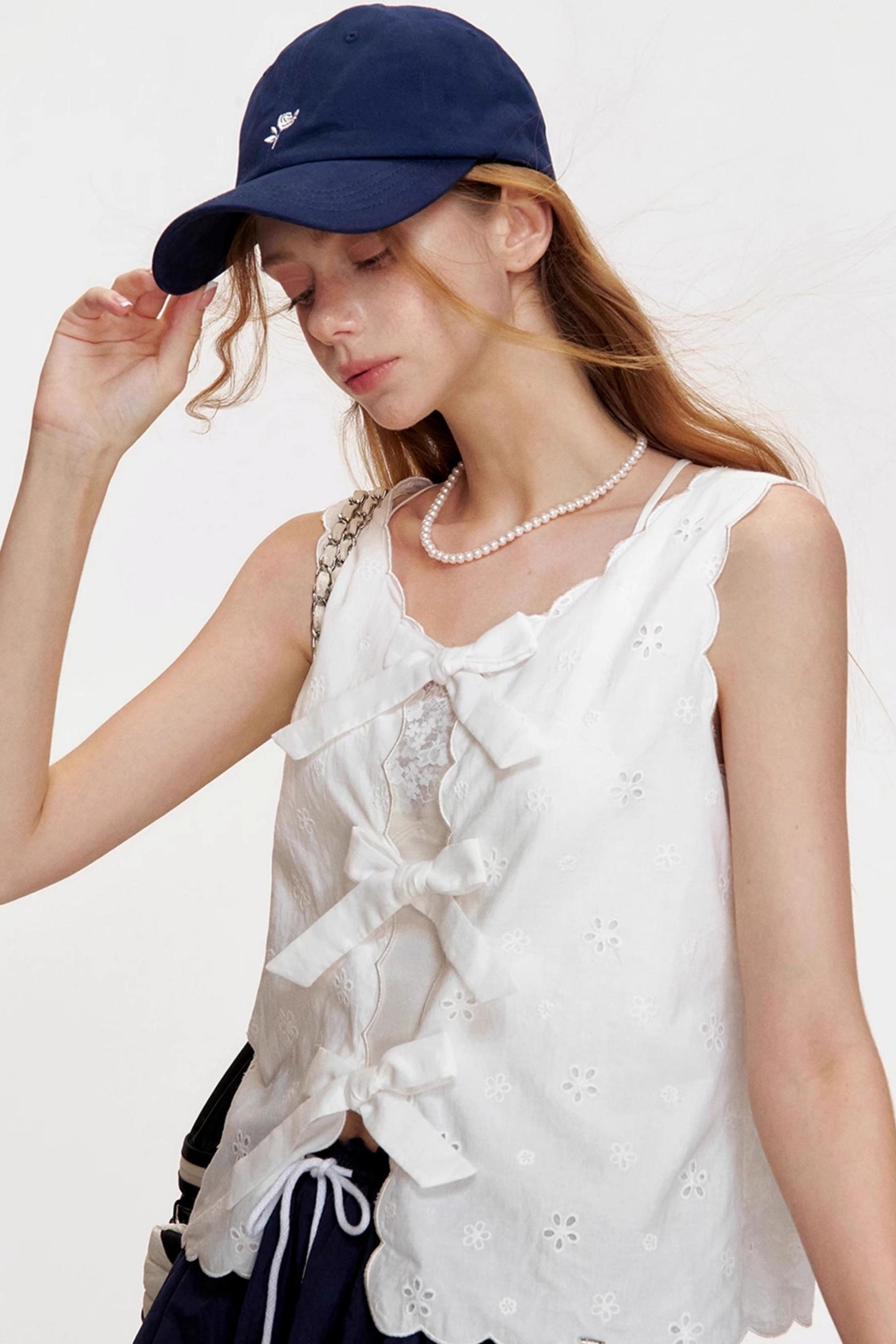 Romantic Wavy Edge Embroidery Strappy Vest Set-Up