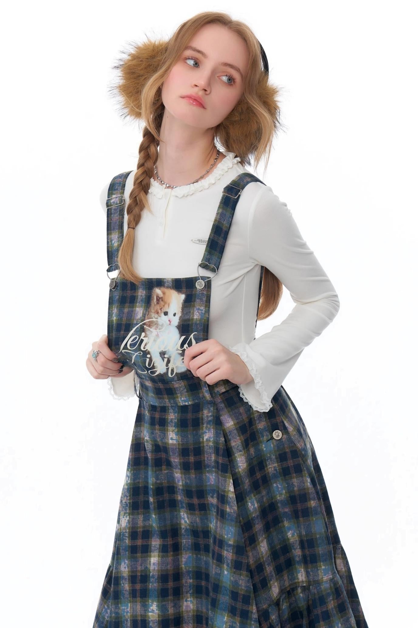 Slim Fit Cat Design Plaid Dress