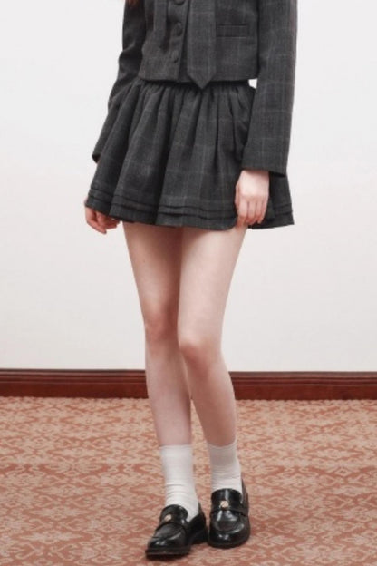 Plaid Doll Collar Blazer Skirt Set-Up