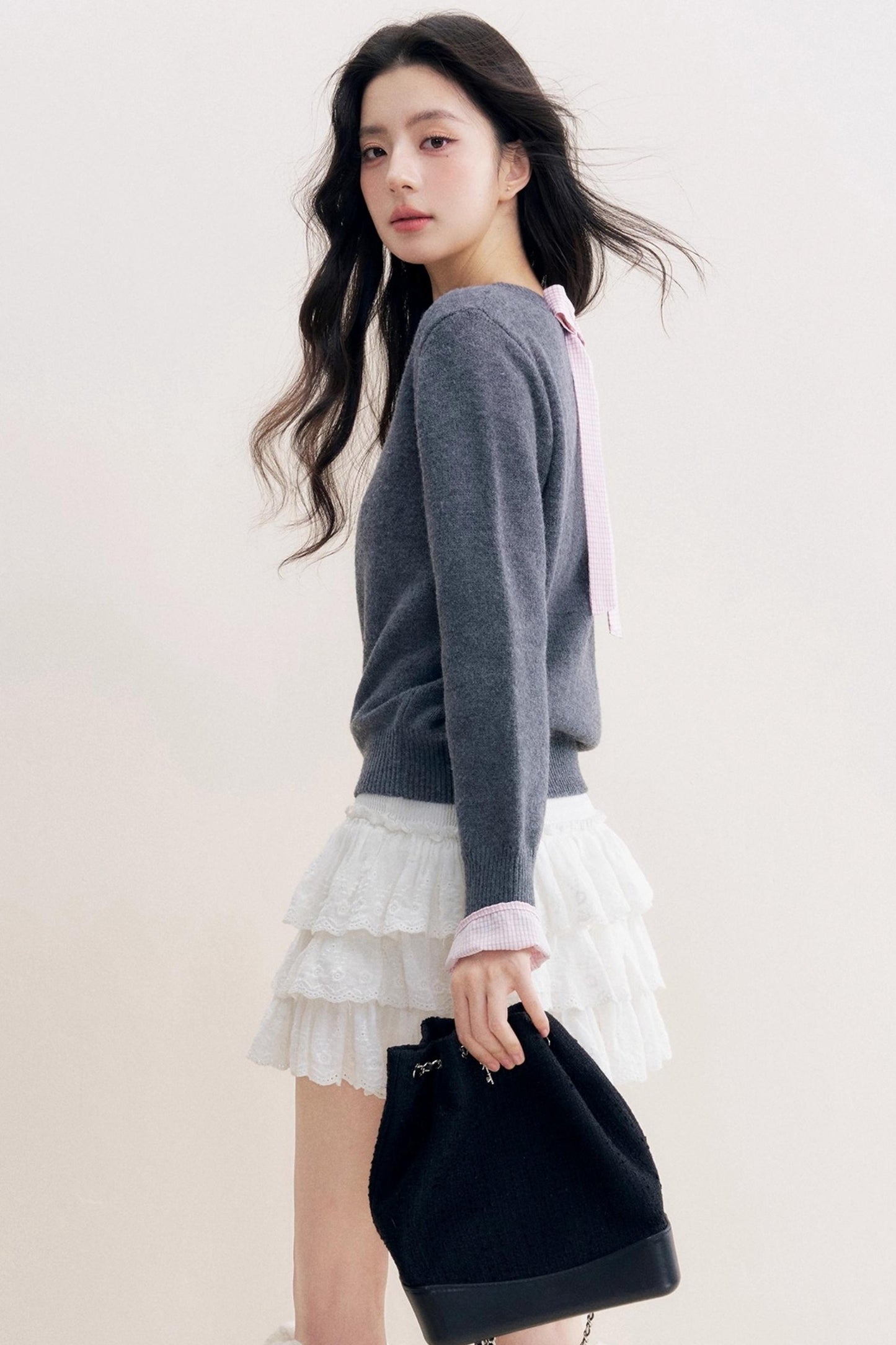 Romantic Check Wool-Blend V-Neck Sweater