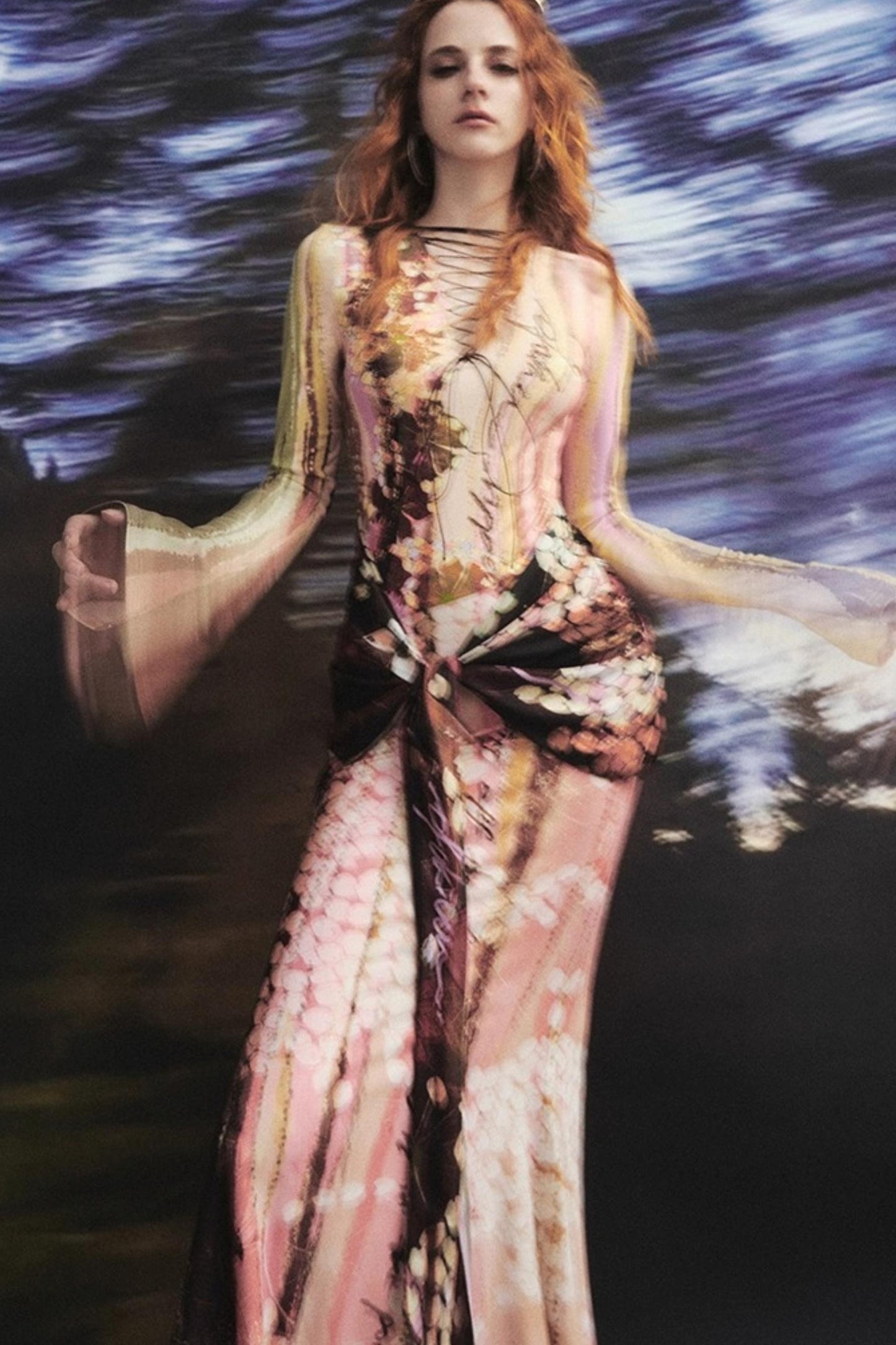 Lotus Print Fake Two-Piece Mermaid Dress