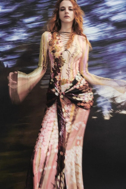 Lotus Print Fake Two-Piece Mermaid Dress