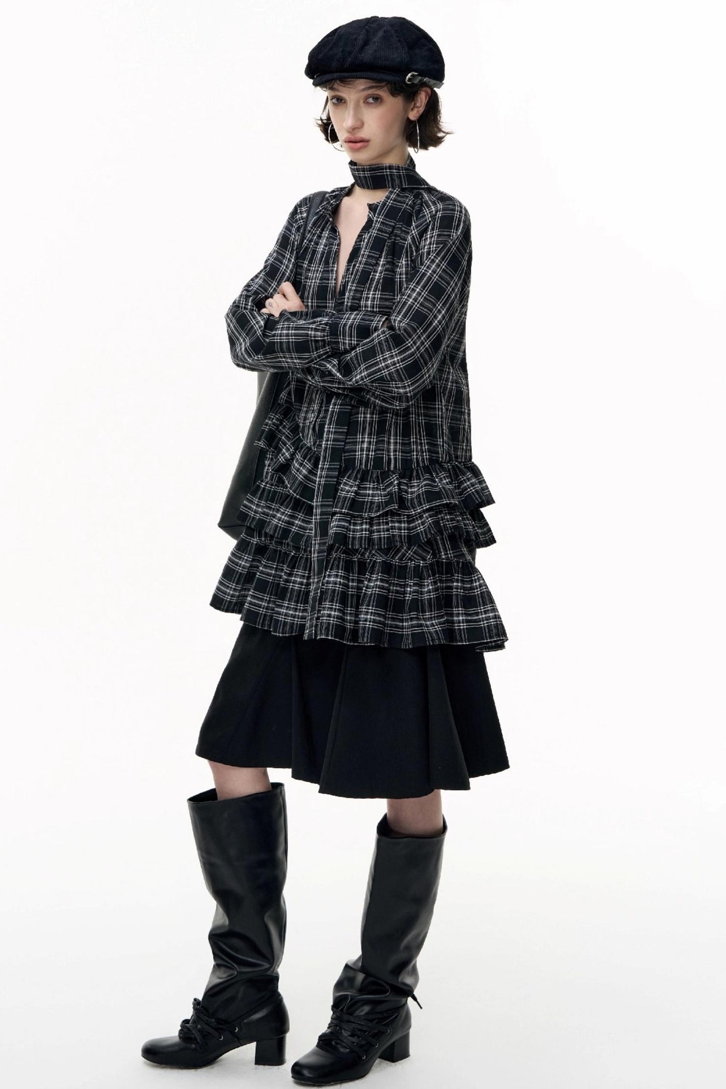 Plaid Ruffle Long Sleeve Shirt Dress