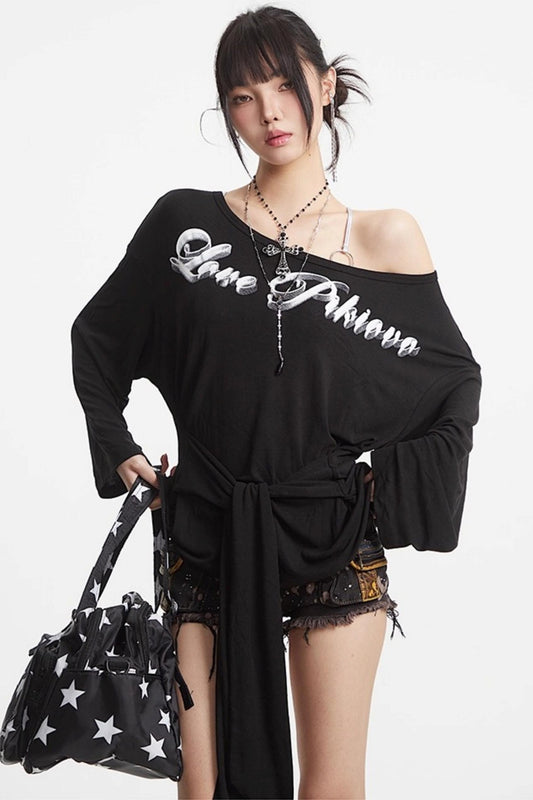 Shoulder Black White Long Sleeve Top