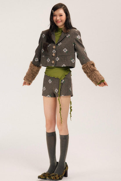Retro Embroidery Tweed Fur Shorts Set-Up