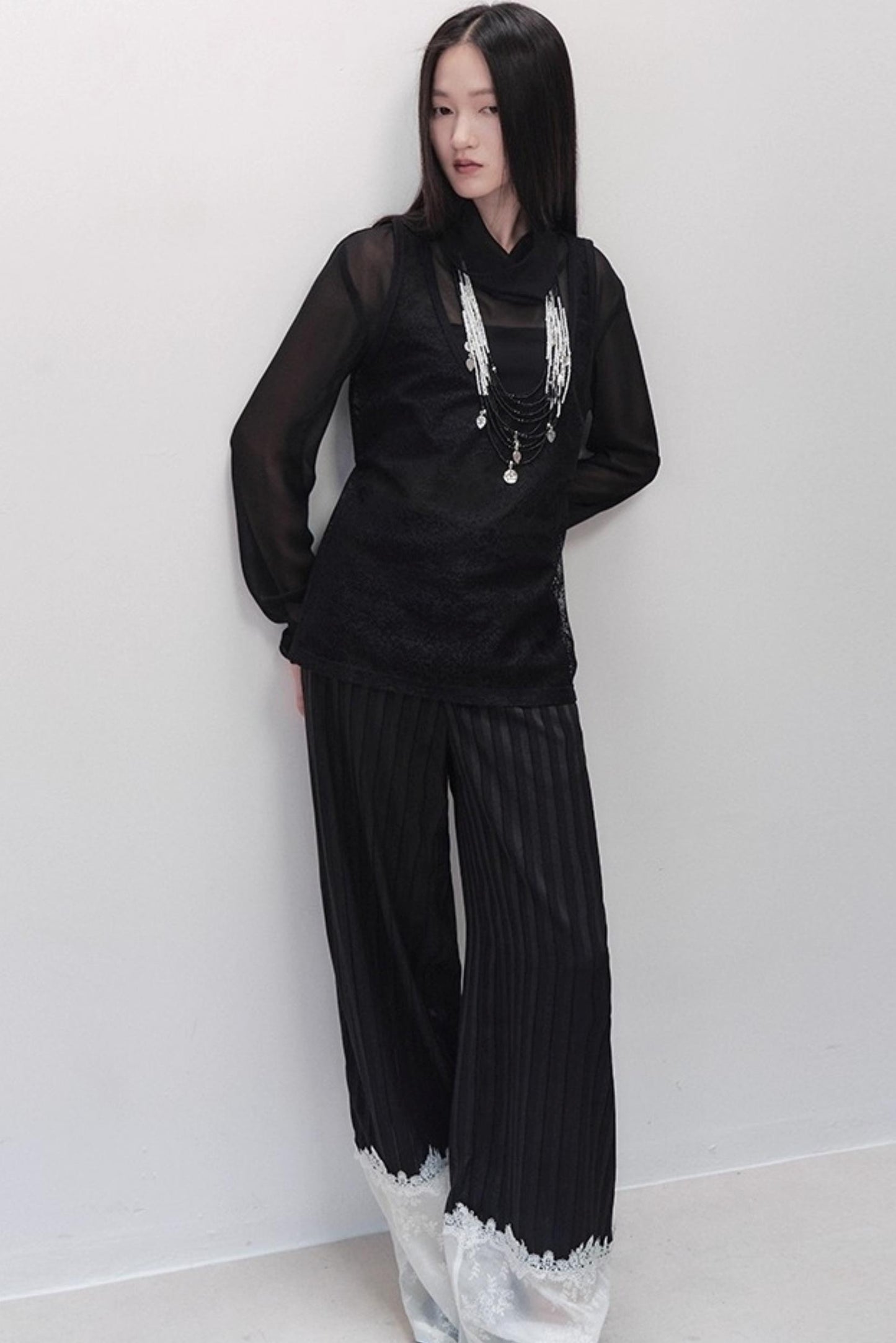 Flowing Tencel Embroidered Striped Straight-leg Pants