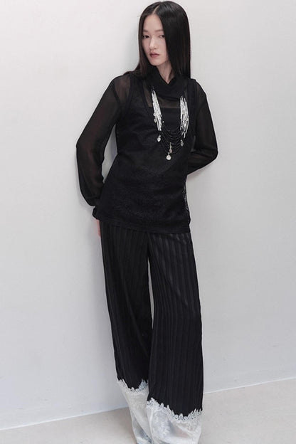 Flowing Tencel Embroidered Striped Straight-leg Pants