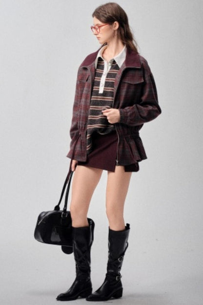 Red Plaid Autumn Waist Jacket
