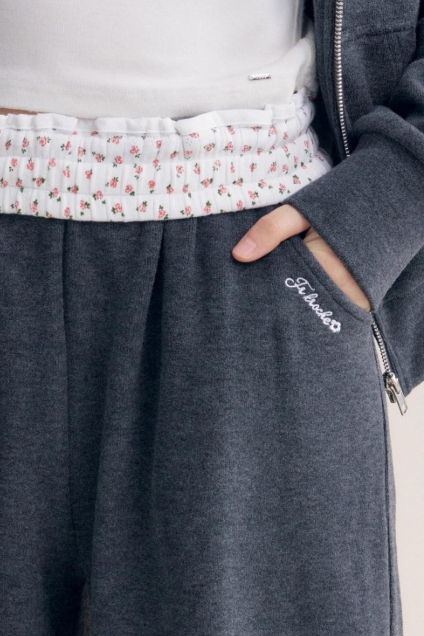 Rose Print Patchwork Hooded Jacket Set-Up