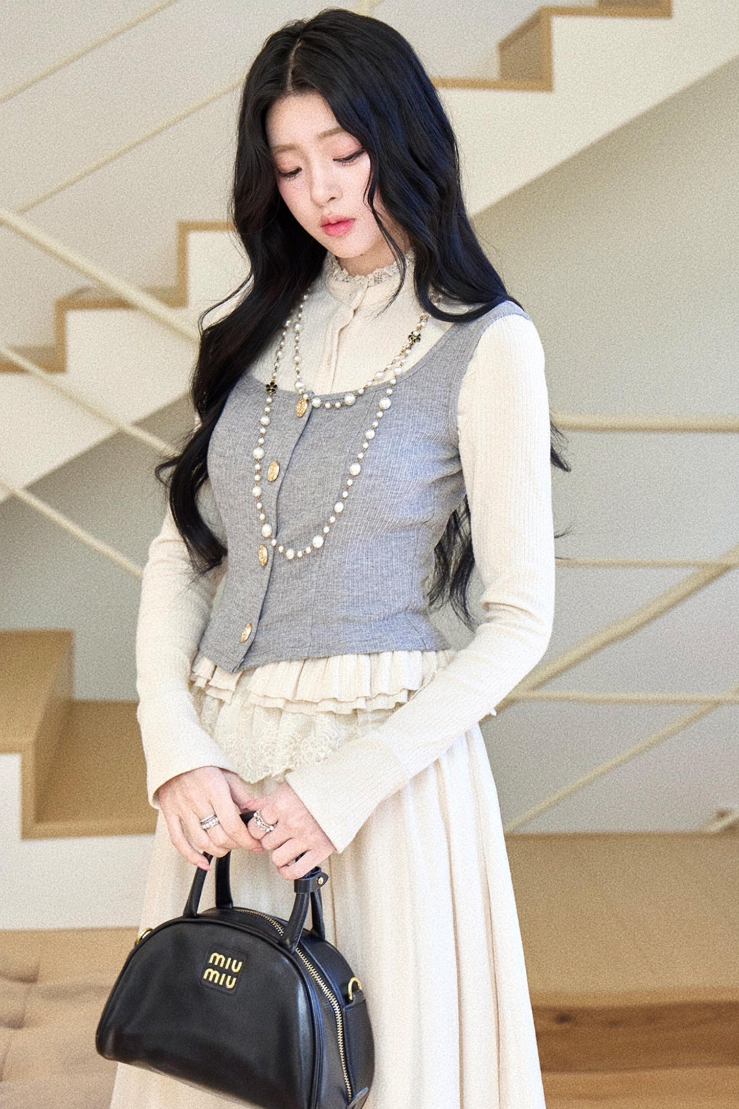 Lace Collar Gray Suit Set-Up