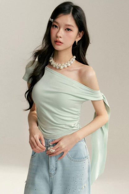 민트 트위스티드 오프숄더 탑 세트업