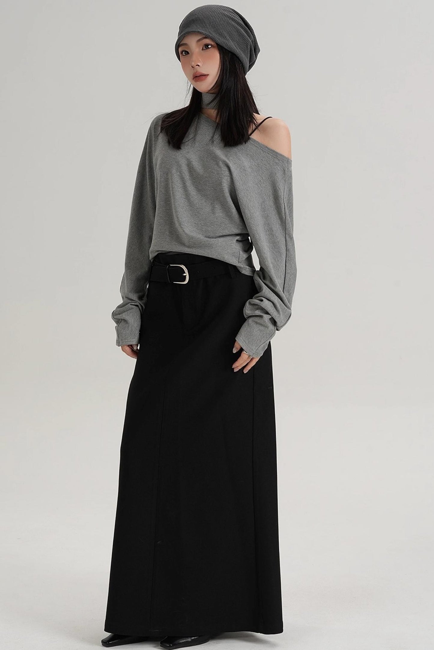Halterneck Slanted Shoulder Long Sleeve Top