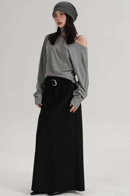 Halterneck Slanted Shoulder Long Sleeve Top