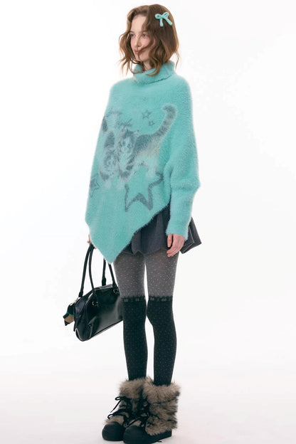 Star Painting Cat Turtleneck Sweater