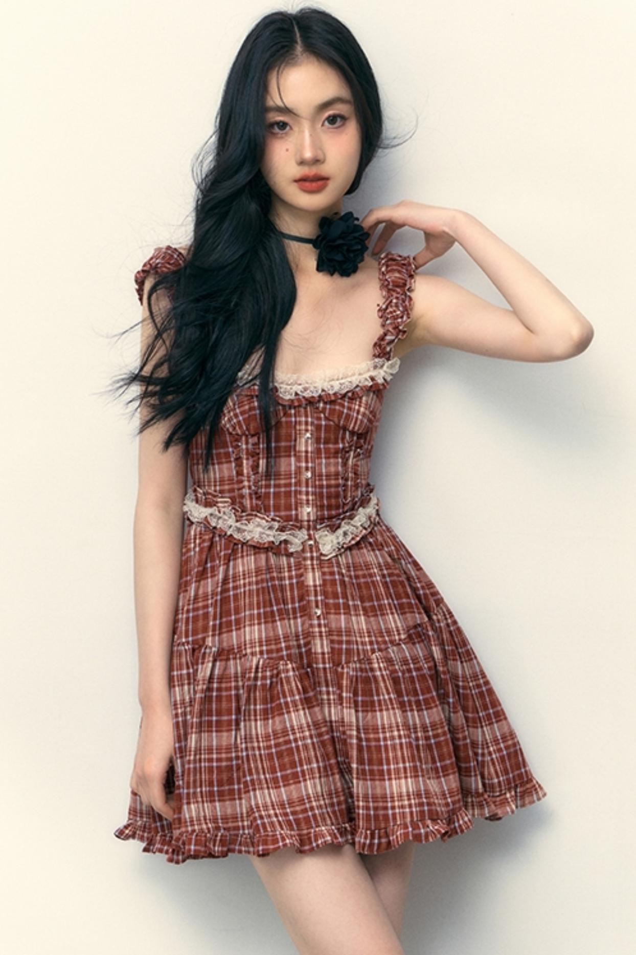 Pink Plaid Ruffle Lace Cami Dress