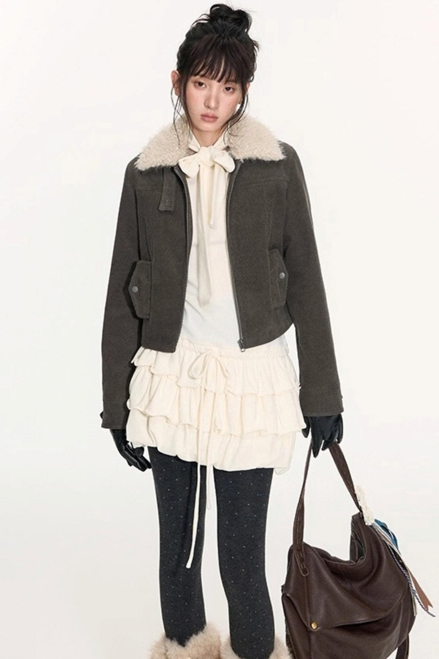 Vintage Fur Collar Jacket With Skirt Set-Up