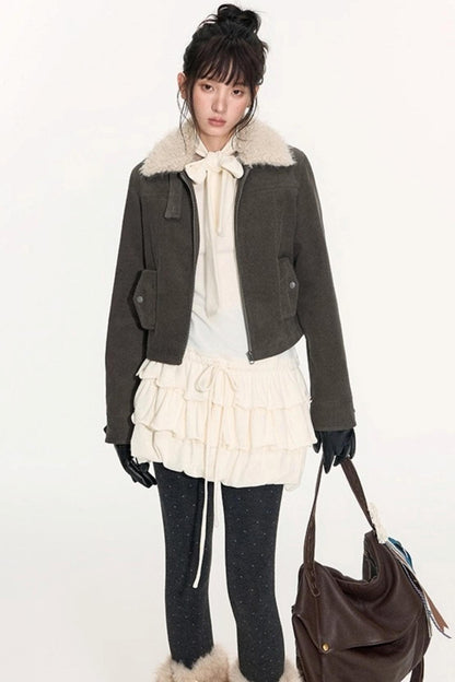 Vintage Fur Collar Jacket With Skirt Set-Up