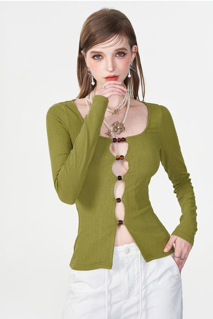 Color Beaded U-Neck Long Sleeve Tee