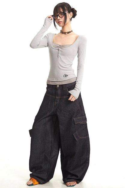 Slim Fit Fake Two-Piece Long Top