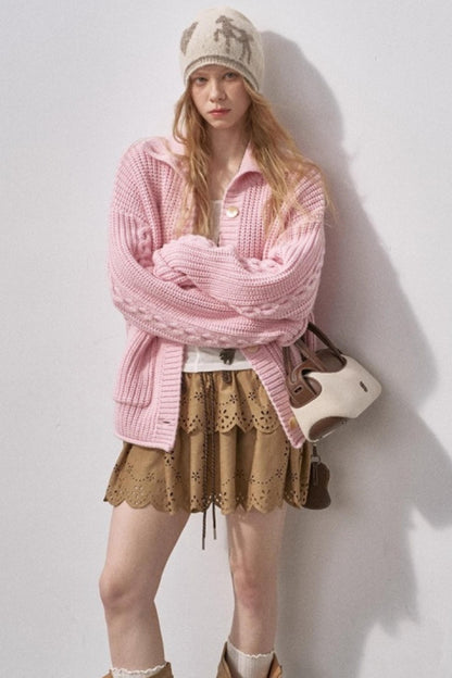 Thick Cable Knit Turtleneck Cardigan