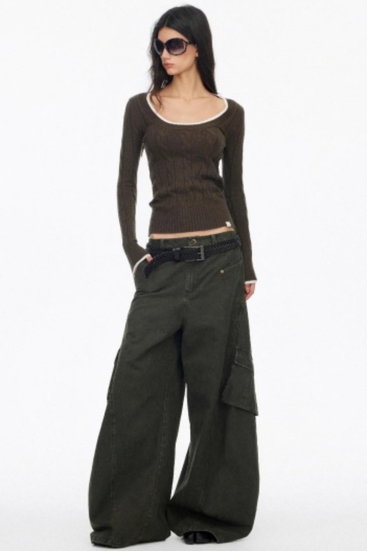 Distressed Washed Wide-Leg Scimitar Pants