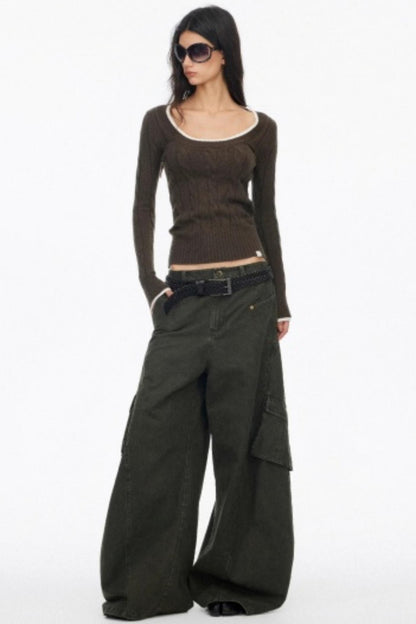 Distressed Washed Wide-Leg Scimitar Pants