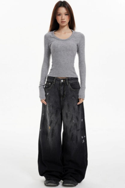 Ink Splash Denim Wide-Leg Pants