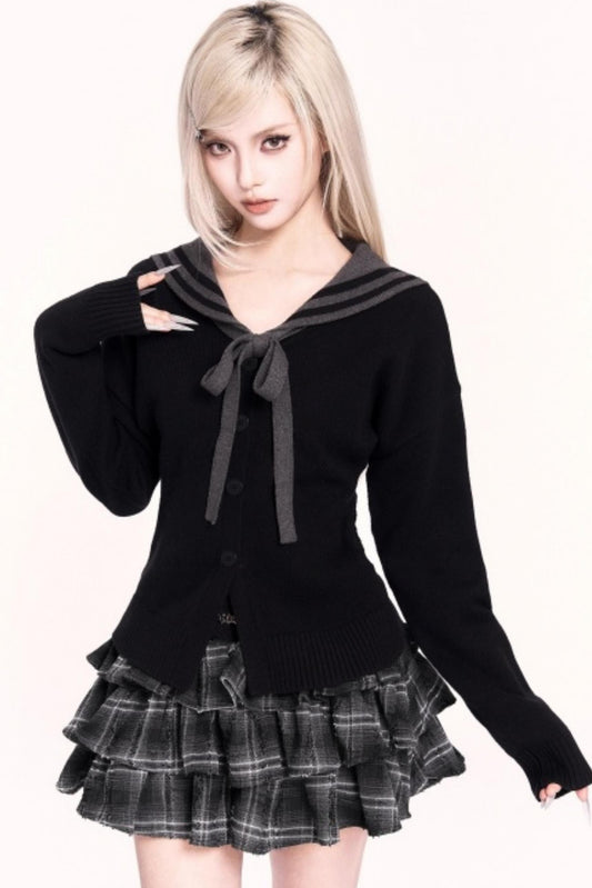 Navy Collar Slimming Knit Top