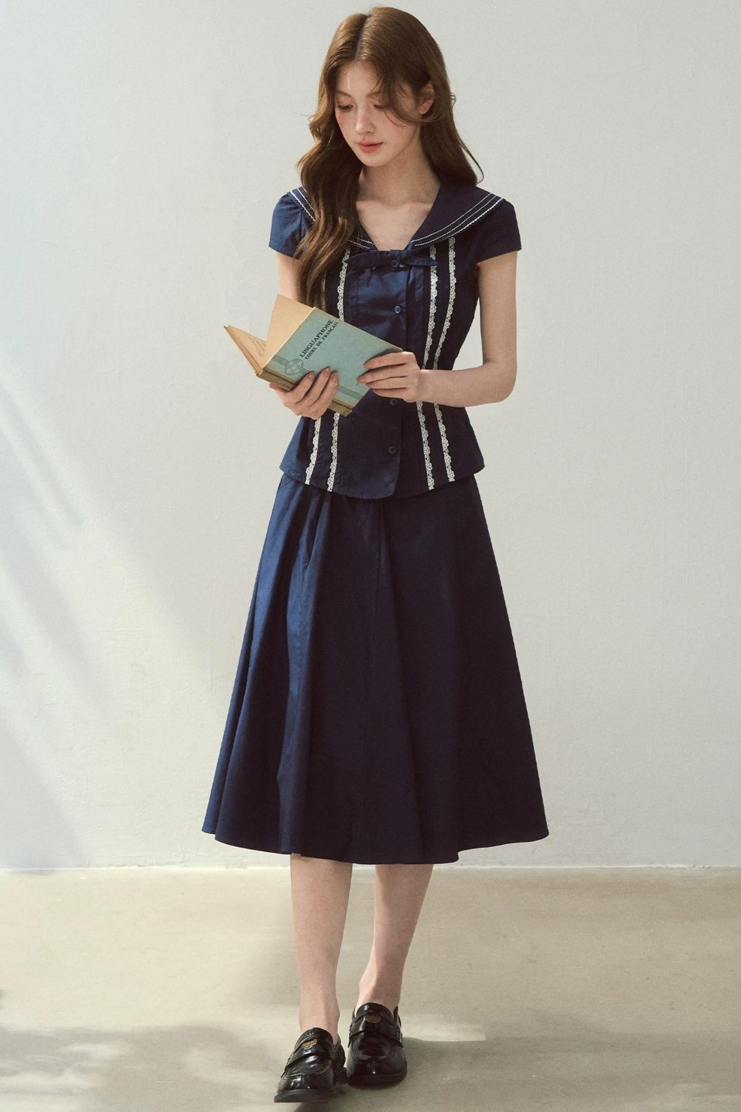 Navy Collar Skirt Suit Set-Up