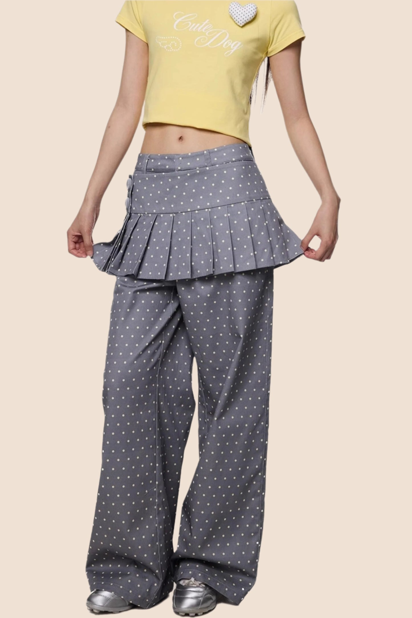 Gray And Yellow Polka Dots Pleated Skirt-Pants Set