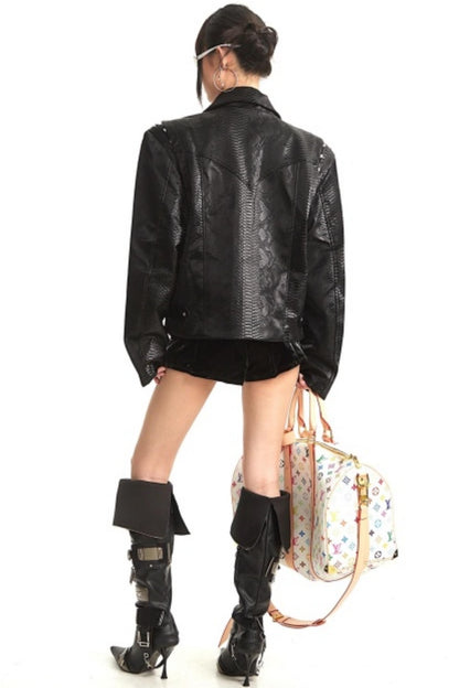Retro Shoulder-Padded Leather Jacket