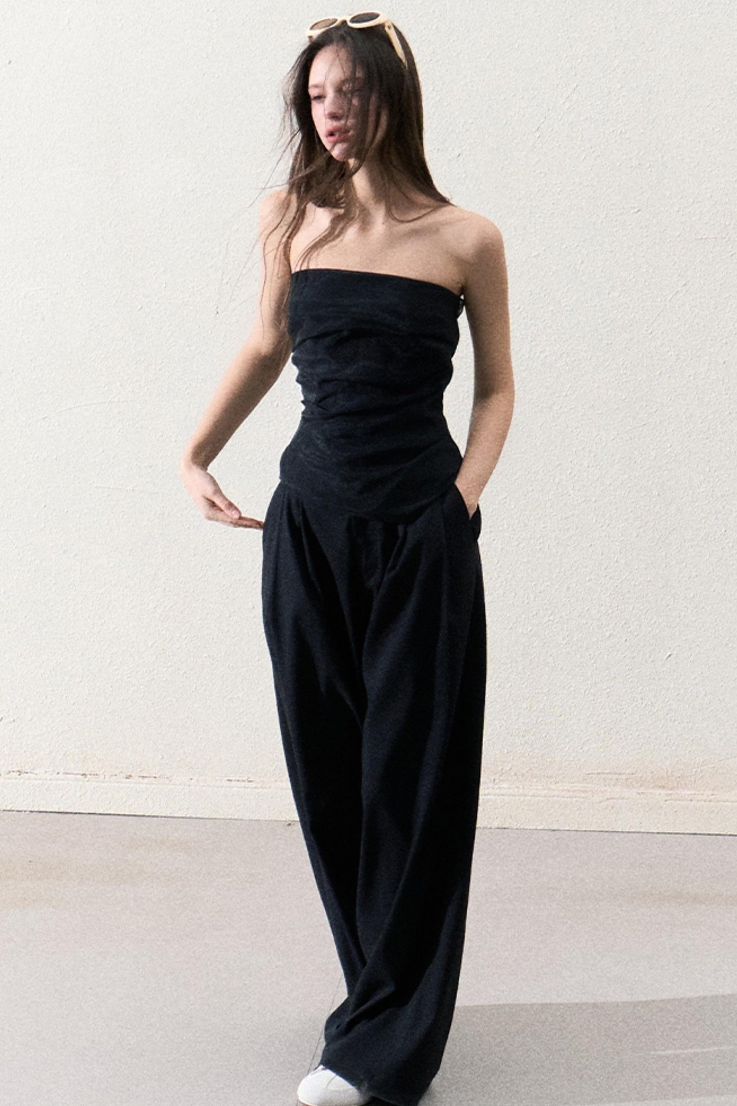 캐주얼 슬림 자켓 & 와이드 레이스 팬츠 세트 