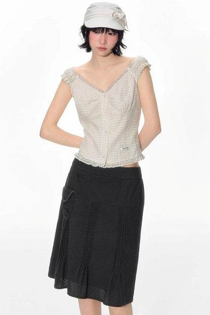 Checked Sleeveless One-Shoulder Shirt Set-Up