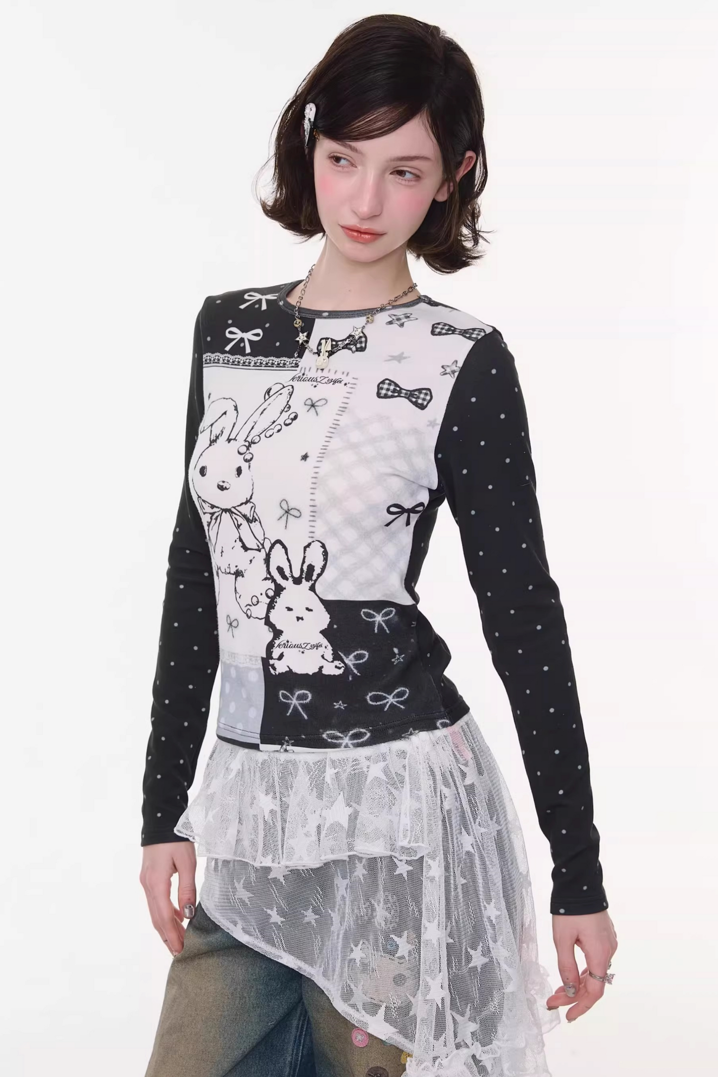 Contrast Bow Rabbit Top