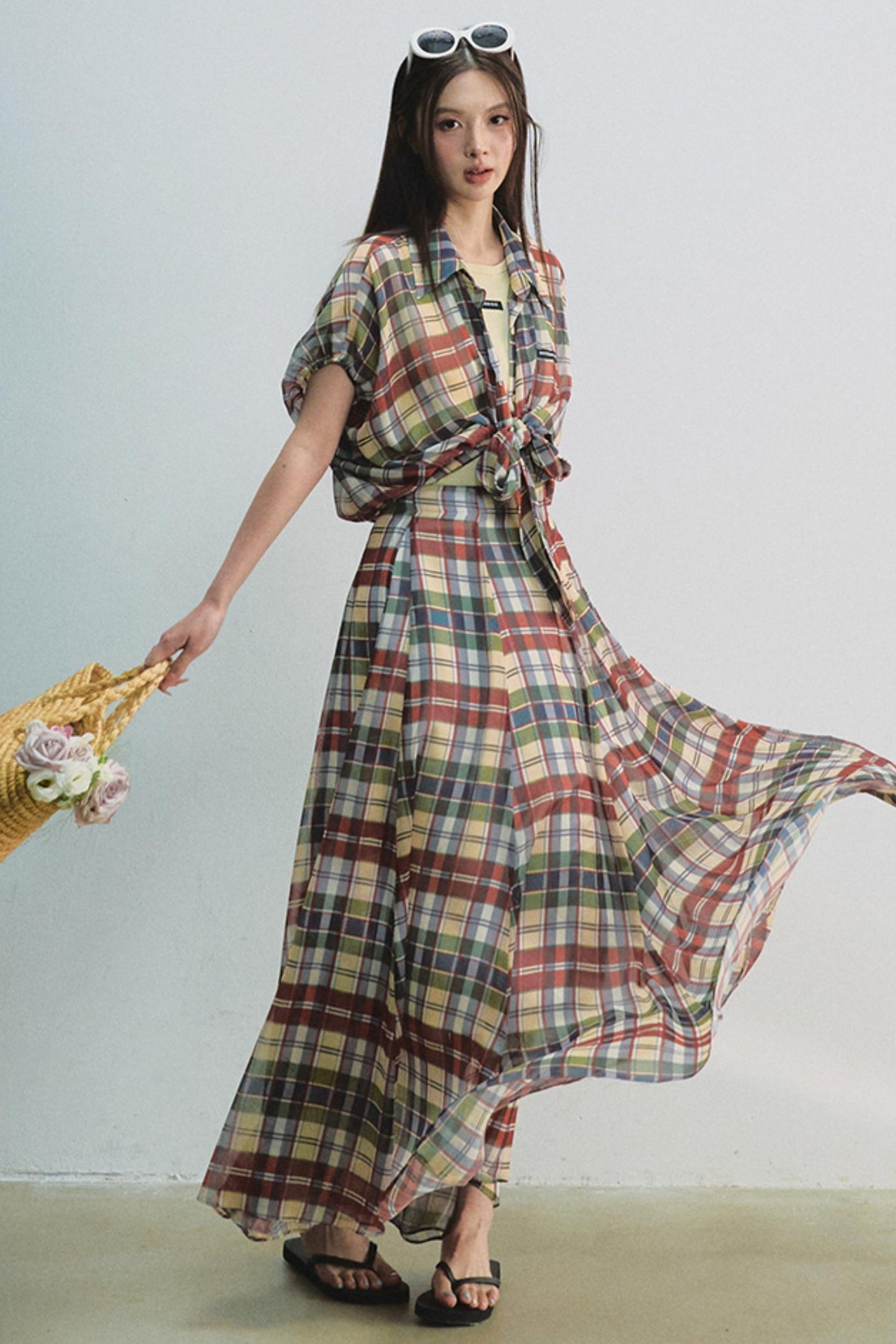 Plaid Tie Top & Midi Skirt Set-Up