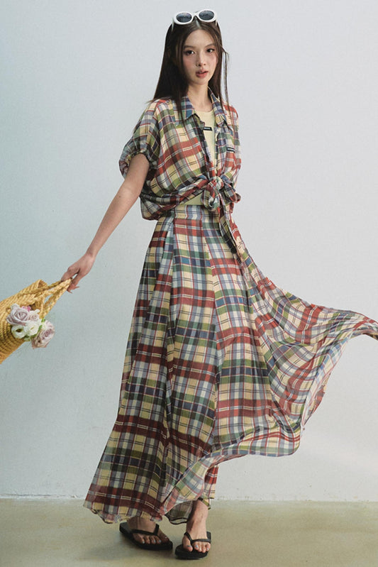 Plaid Tie Top & Midi Skirt Set-Up