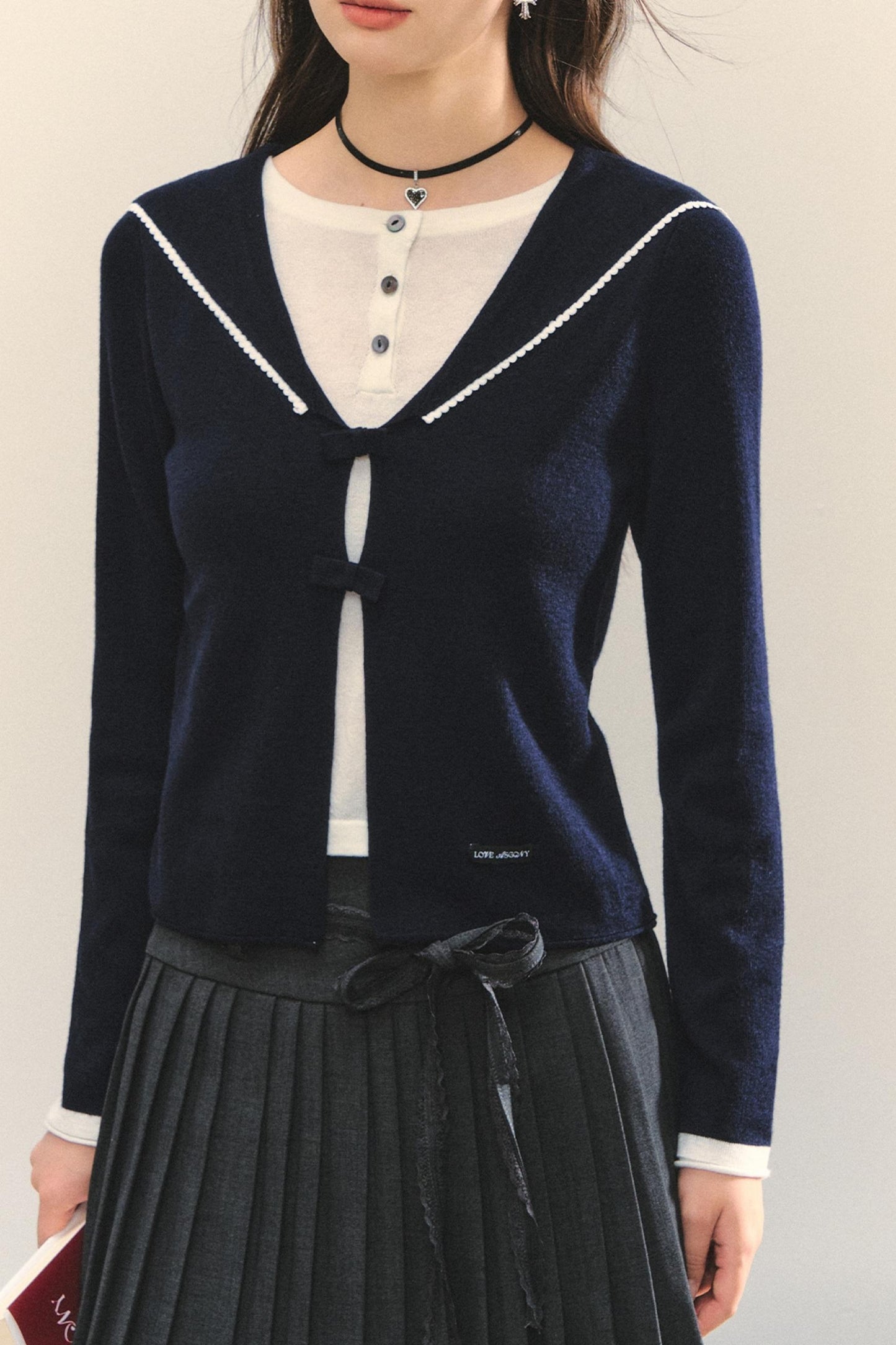 Sweet Navy Neck Knit Cardigan