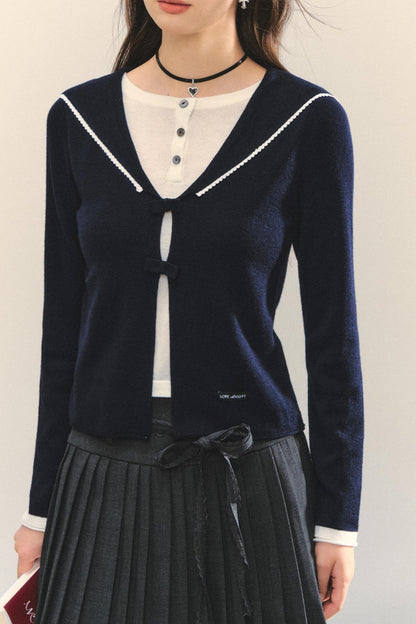 Sweet Navy Neck Knit Cardigan