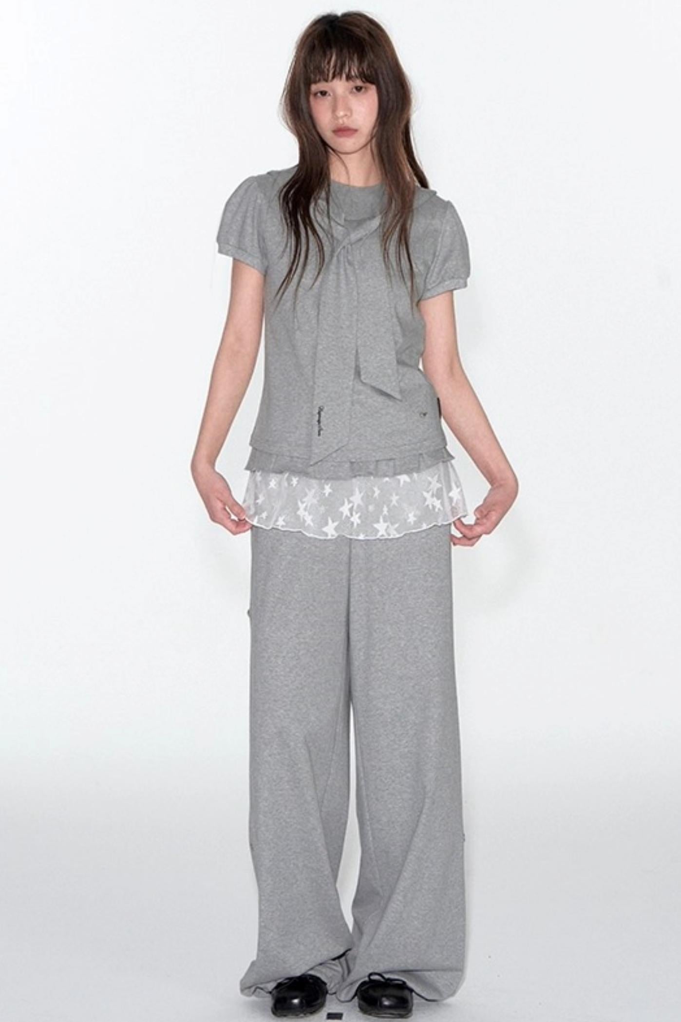 Navy Lace Short Sleeve Cinched Waist Top Set-Up