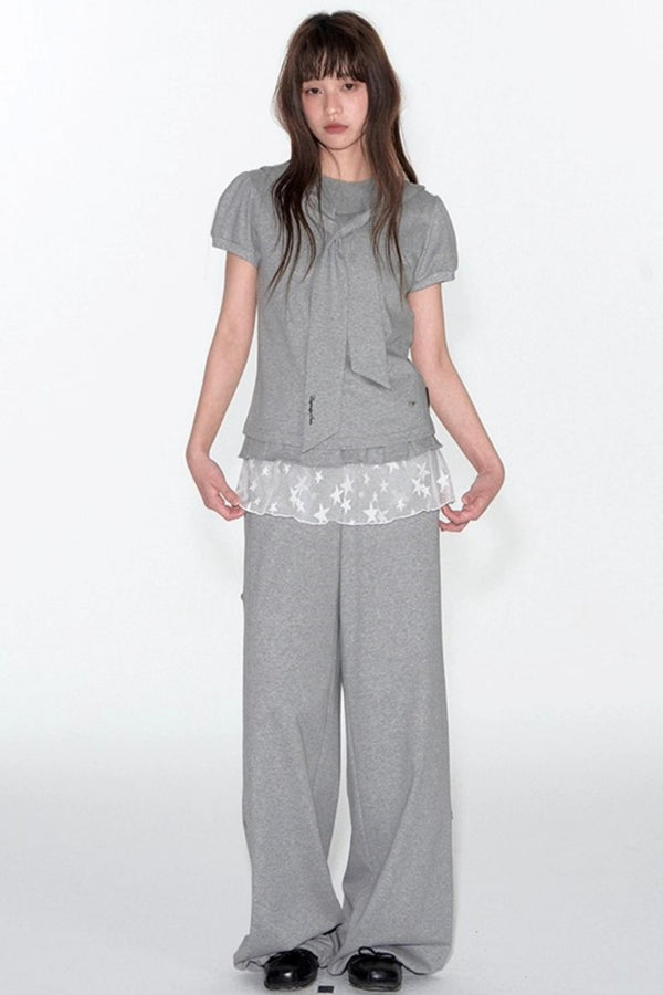 Navy Lace Short Sleeve Cinched Waist Top Set-Up