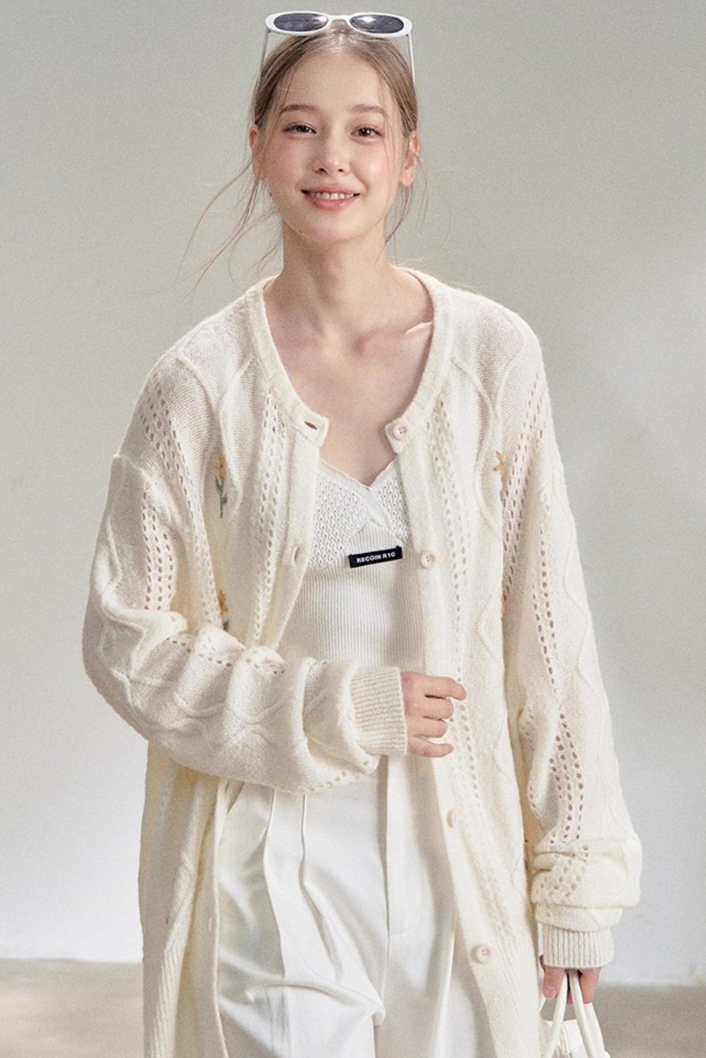 Textured White V-Neck Knitted Suspender Top