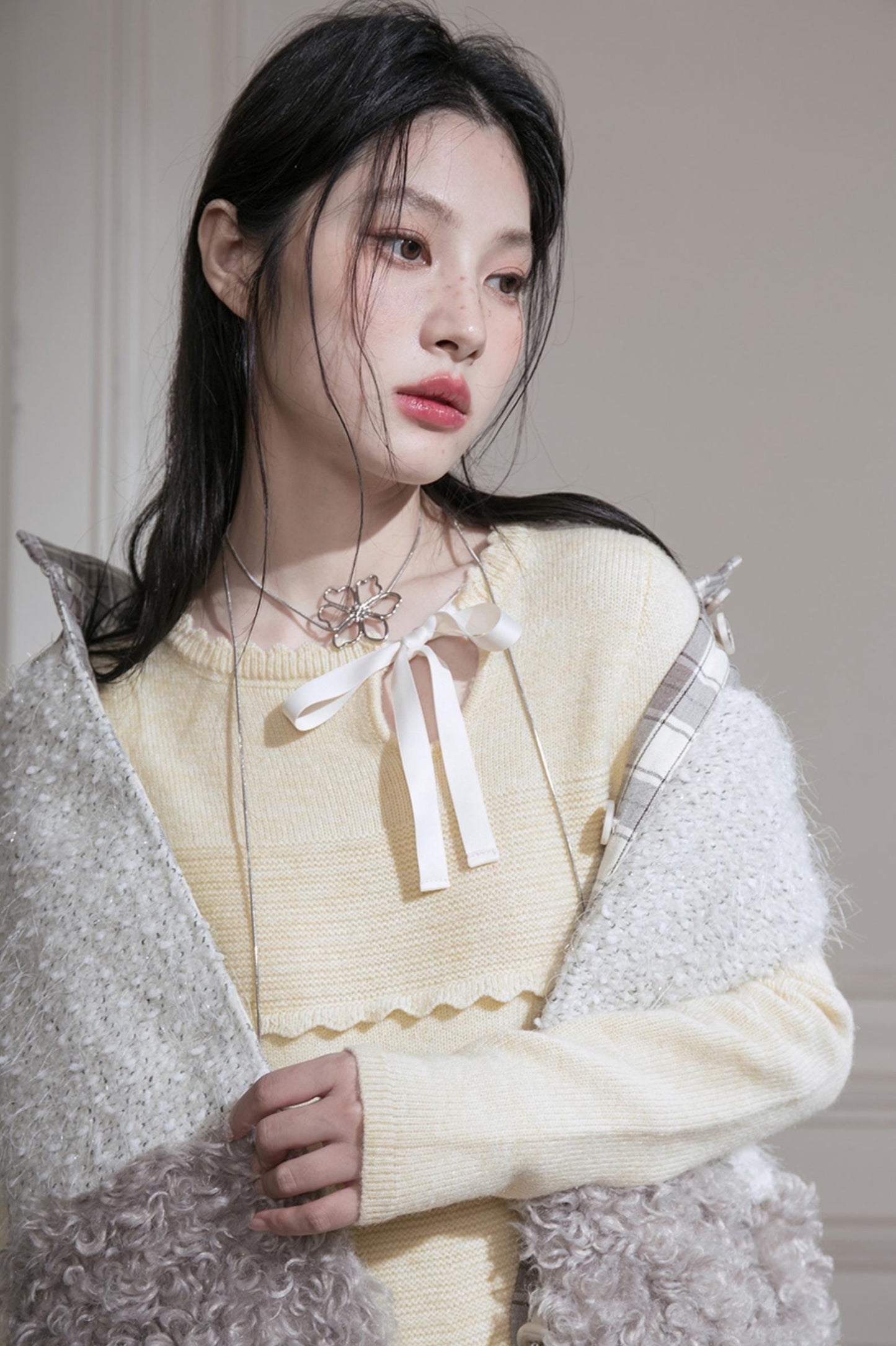 Cream Gray Lace Wool Dress