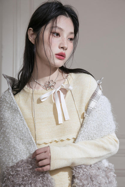 Cream Gray Lace Wool Dress